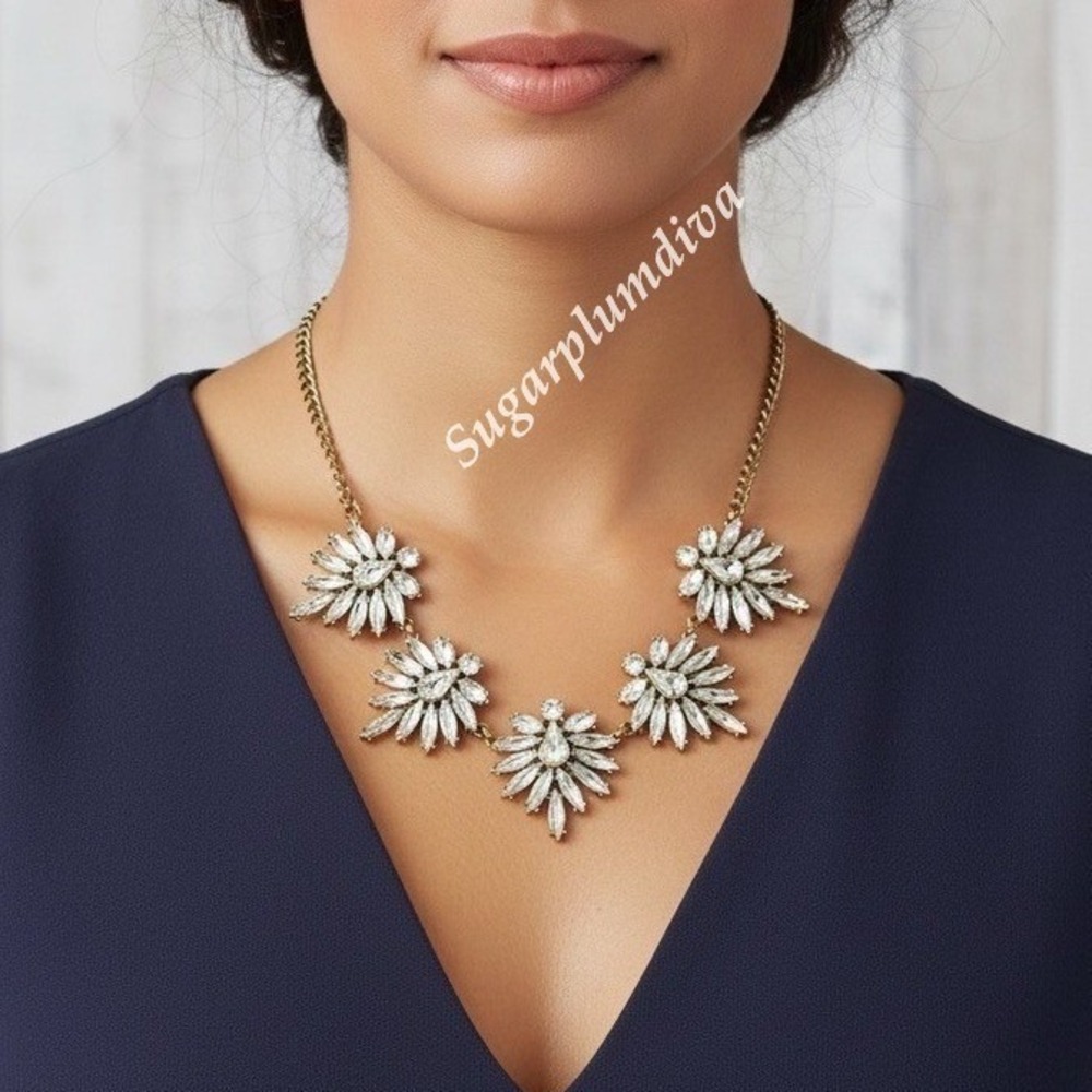 J. Crew Gold Rhinestone Crystal Cluster Statement Padgent Wedding Necklace
